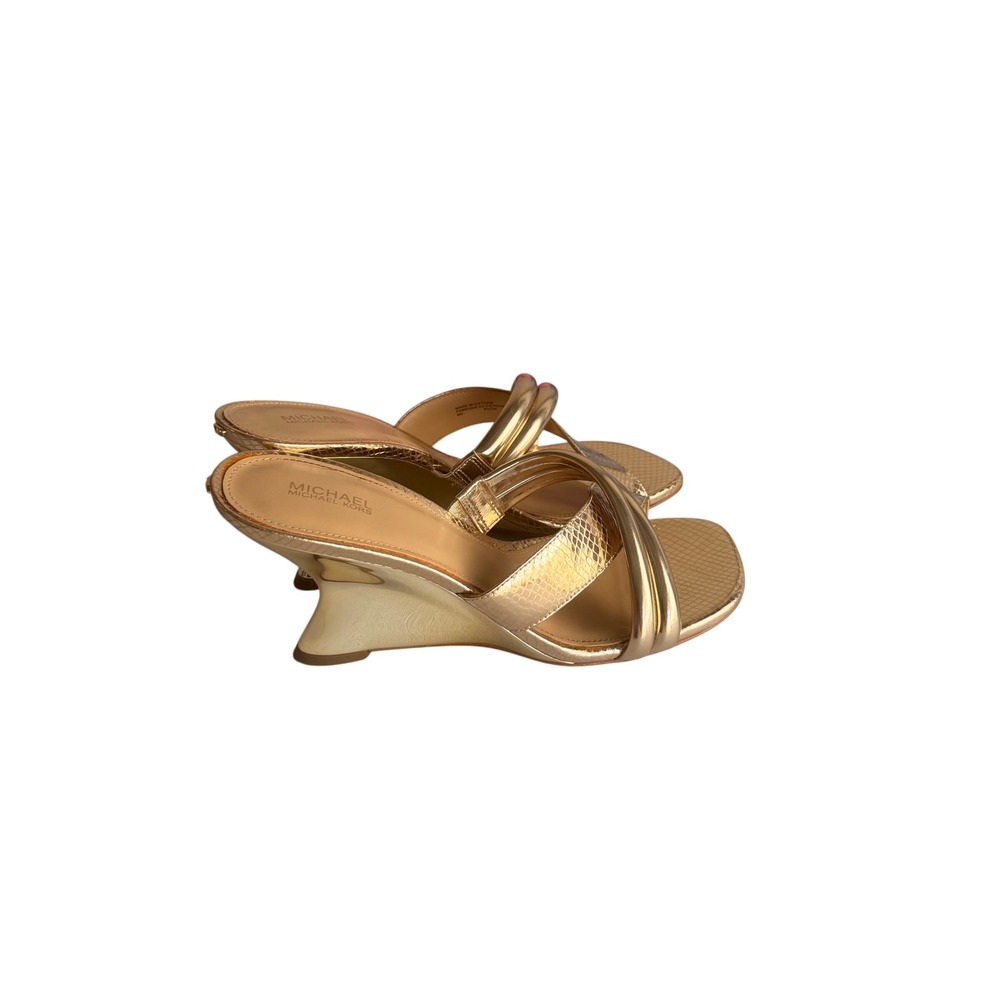 Michael Kors Gold Wedge Sandals Snakeskin Embossed Metallic Mules Womens 9M - Picture 4 of 8